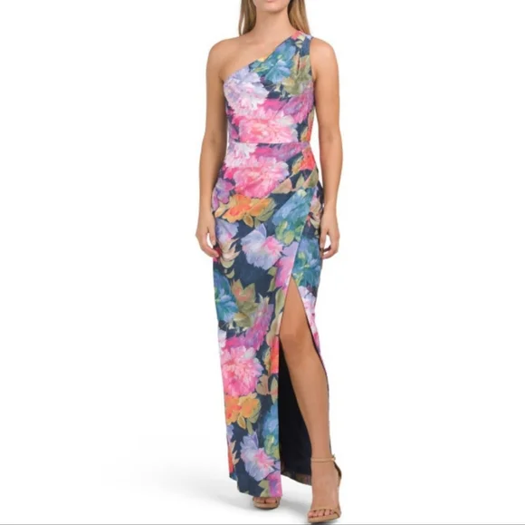 Aidan Mattox One Shoulder Draped Floral Gown With Thigh Slit In Navy Multi - Picture 3 of 14